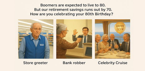 Boomers are expected to live to 80. But our retirement savings runs out by 70. How are you celebrating your 80th Birthday?